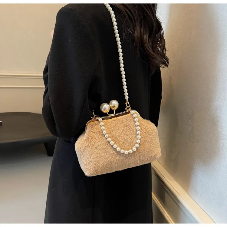 High-end Beaded Fashion Women's Bag Autumn Personality Trendy Evening Bag Plush Handbag Shoulder Crossbody Bag