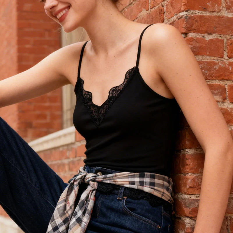 Women's Lace-Trim Cami Top, 3 Colors Available, V-Neck, Thin Straps, Sleeveless Casual Basic Tank