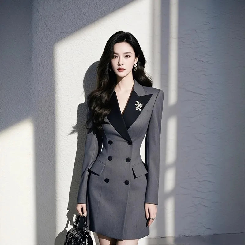 Blazer Dresses Woman Elegant 2025 Spring High-End Gray Patchwork Suit Dress -  Office Casual Slim Fit G760
