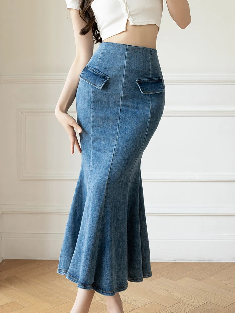 Elegant Casual Denim Jean Skirt for Women's High Waist Bodycon Ruffles Fishtail Skirts Fashion Trumpet Midi Length Skirts Female