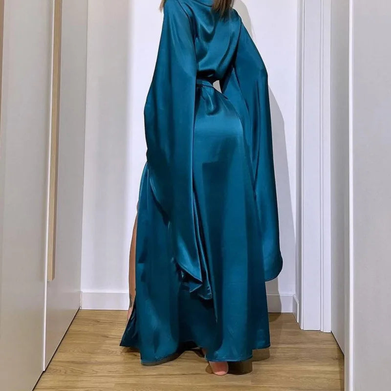 Fashion Wedding Long Robe Dress Women's Homewear Silky Satin Big Sleeve Kimono Gown Bathrobe Loungewear Loose Casual Nightgown
