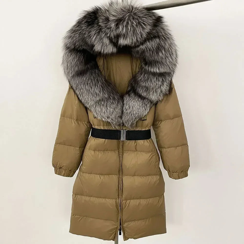 90% White Duck Down Coat New Natural Thick Warm Long Winter Jacket Women Real Big Fox Fur Collar Belt Loose Puffer Parka