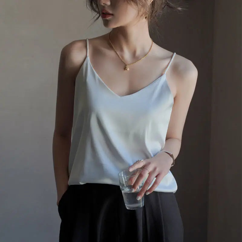 Spaghetti Strap Top Women Halter V Neck Basic White Cami Sleeveless Satin Silk 2025 Tank Tops Women'S Summer Camisole