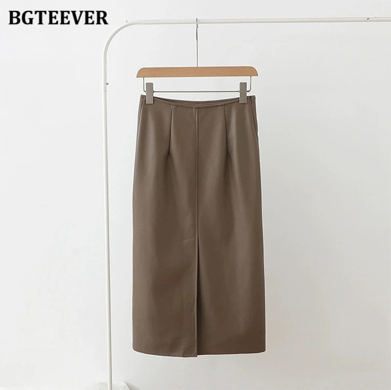BGTEEVER Stylish Package Hip PU Leather Skirts for Women Autumn Elegant High Waist Slim Split Ladies Pencil Skirts