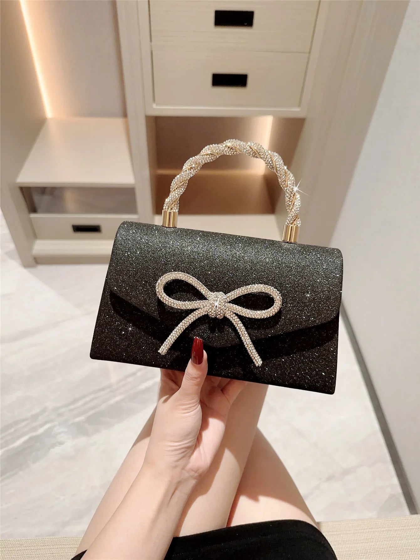 Evening Bag Dress Versatile European and American Clutch Bag Crossbody Celebrity Fashion Diamond Bow Chain Bag