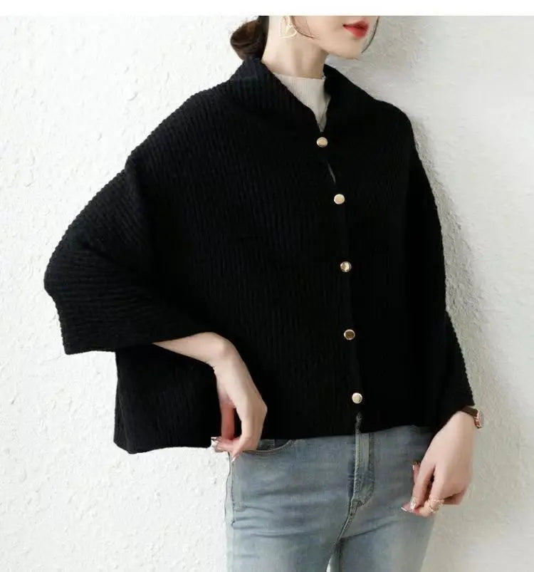 Warm Knitted Plain Color Scarf Thick Single Breasted Wool Shawl Wrap Women Cape Open Side Woven Cardigan Poncho Stole