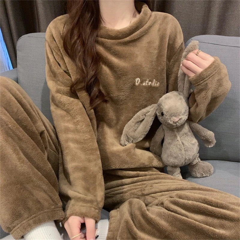 ITOOLIN Women Cashmere Pajama Sets Autumn Winter Woolen Pullovers And Pants 2 pieces Sets For Women Underwear Thermal Sets 2023