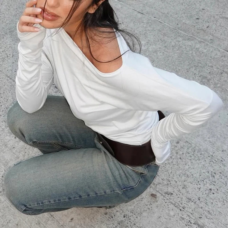 Women Loose Fit T-shirt Long Sleeve Skew Neck Solid Ladies Fall Pullovers Tops Fashion Streetwear for Casual Daily Female Tees