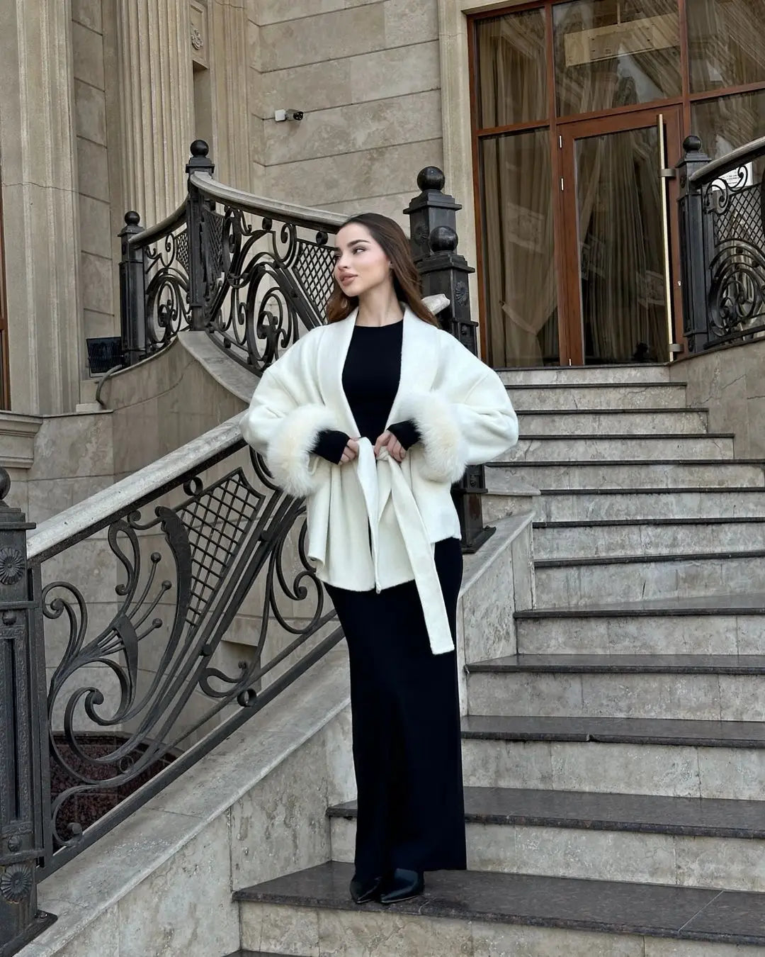 Solid Faux Fur Patchwork Woolen Coat Women Elegant Lace Up Lapel Long Sleeve Short Jacket Lady 2025 Winter Daily Street Outwear