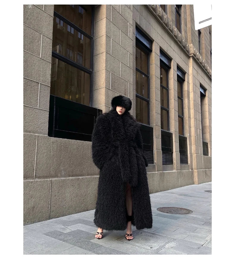 Lautaro Winter Extra Long Soft Thick Warm Fluffy Black Fuzzy Shaggy Hairy Faux Fur Coat Women Sashes Luxury Furry Overcoat 2023