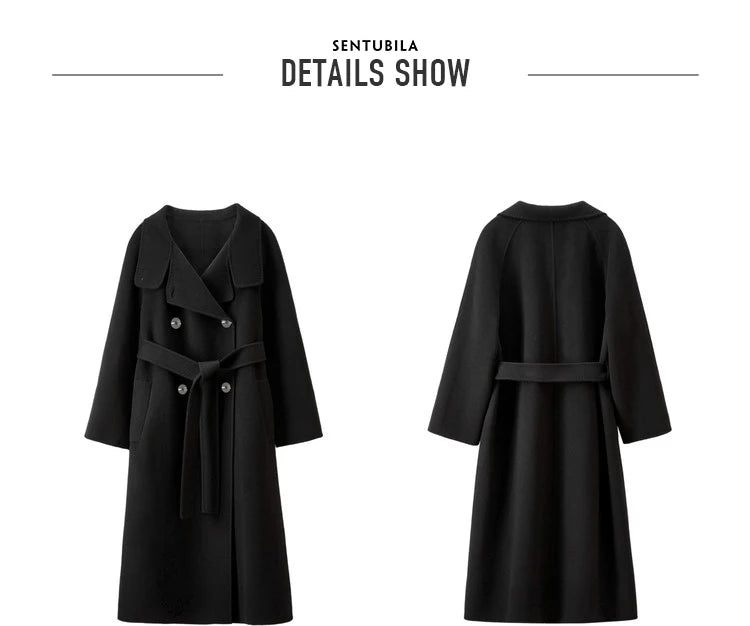 SENTUBILA Women's Long Woolen Overcoats 2025 Winter Outerwear Elegant Turtleneck Warm Double Breasted Belt Wrap Coat W24O42064
