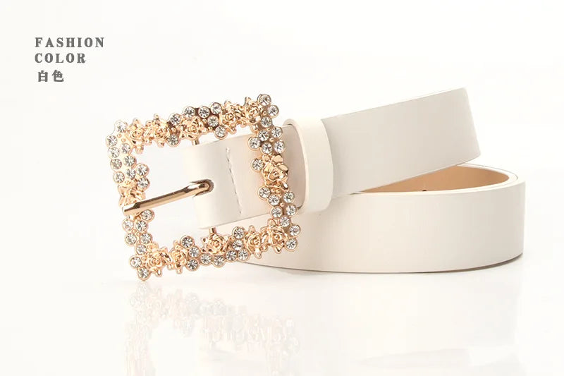 Fashionable Belts for Woman Shiny Rhinestone Beautiful Square Wreath Metal Buckle Solid Color PU Belts