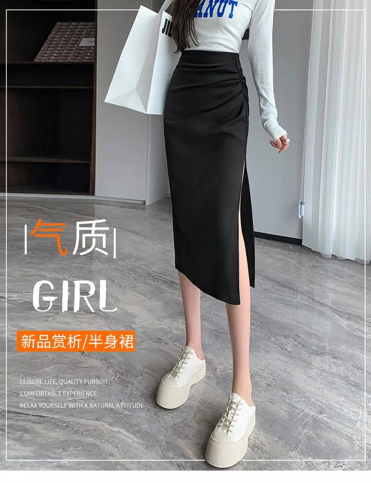 Slit Pleated Skirt for Women 2025 Summer New High-waist Slim Mid-length Versatile A-line Skirt