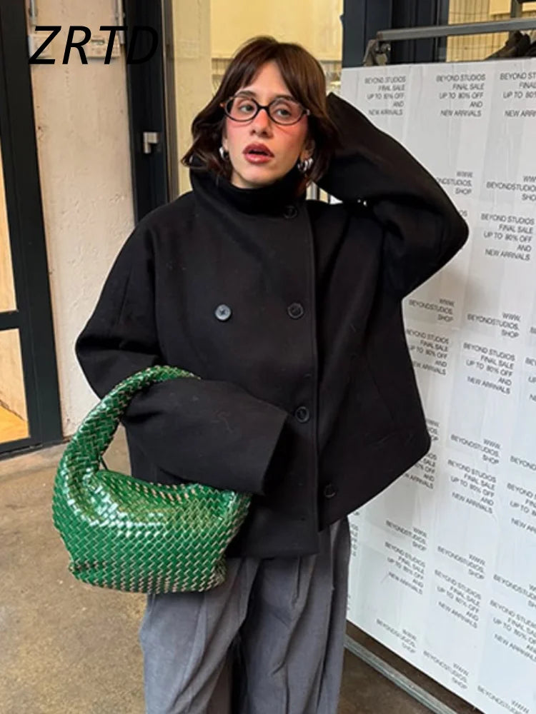 Elegant Women's Short Woolen Coats Loose Stand Collar Double Breasted Pocket Full Sleeve Jacket 2025 Autumn Lady Street Outwear