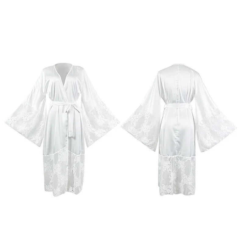 Women Robe Long Elegant Kimono Bathrobe Bride Wedding Gift Dress Lace Patchwork Nightgown Lady Loose Homewear Intimate Lingerie