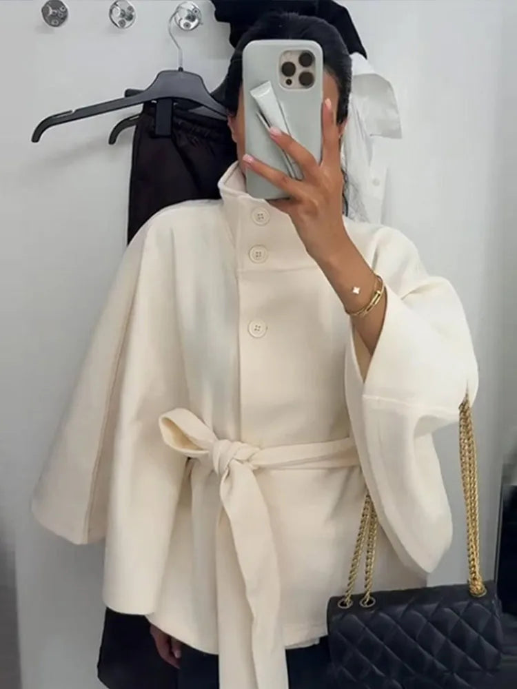 Elegant Lace Up Loose Fit Cape Coat Women's Autumn Winter Oversized High Neck Belted Wrap Jacket Fashion Warm Outerwear Outfit