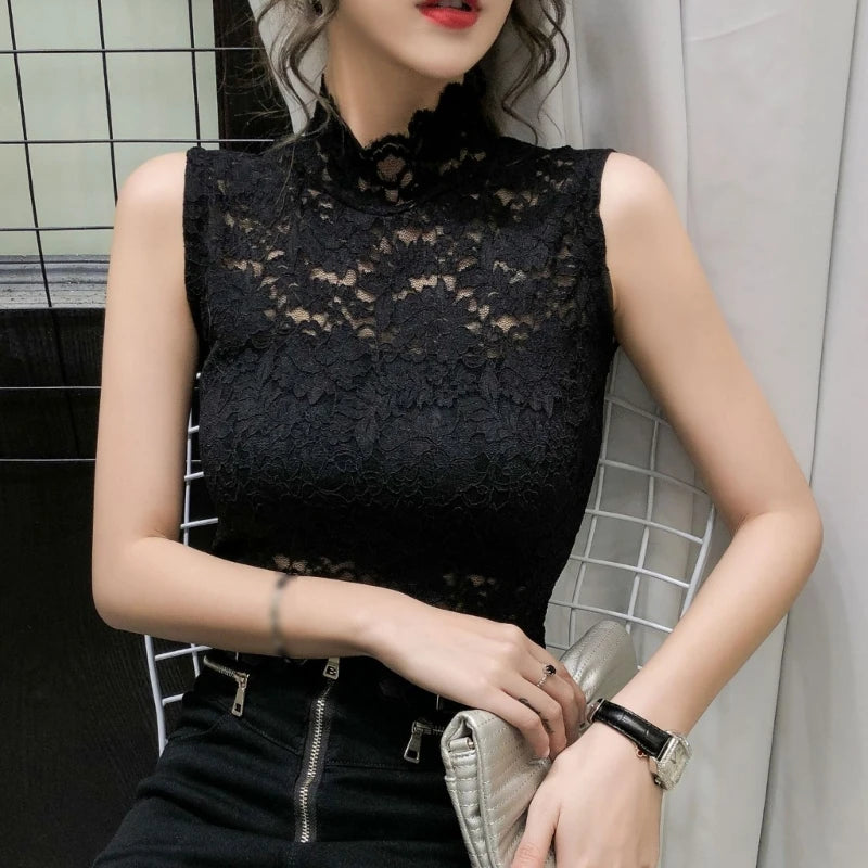 Women Lace Tunic for Tank Bottoming Tops Sleeveless High Turtleneck Fitted for Tank Top Sleeveless Mock Dropship