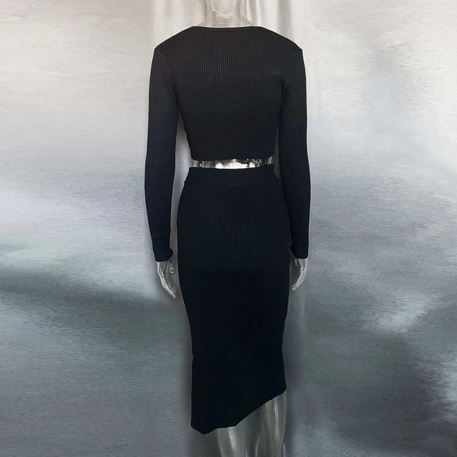 Talenza Knitted Slim Fit Slit Skirt Set 2 Piece Women's Solid Color Pullover Top Long Skirt Set Long Sleeve Women's Suit Skirt