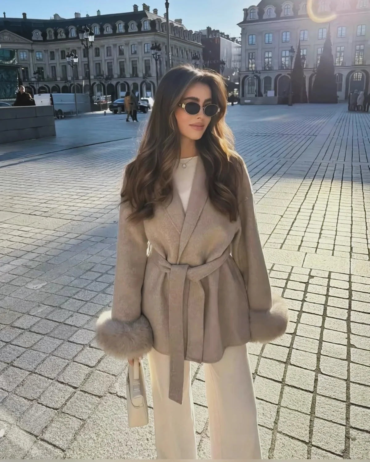 Solid Faux Fur Patchwork Woolen Coat Women Elegant Lace Up Lapel Long Sleeve Short Jacket Lady 2025 Winter Daily Street Outwear