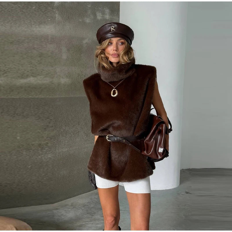 Vintage Brown Women's Faux Fur Vest Solid High Collar Sleeveless Thicken Female Waistcoat 2025 Autumn Winter New Lady Streetwear
