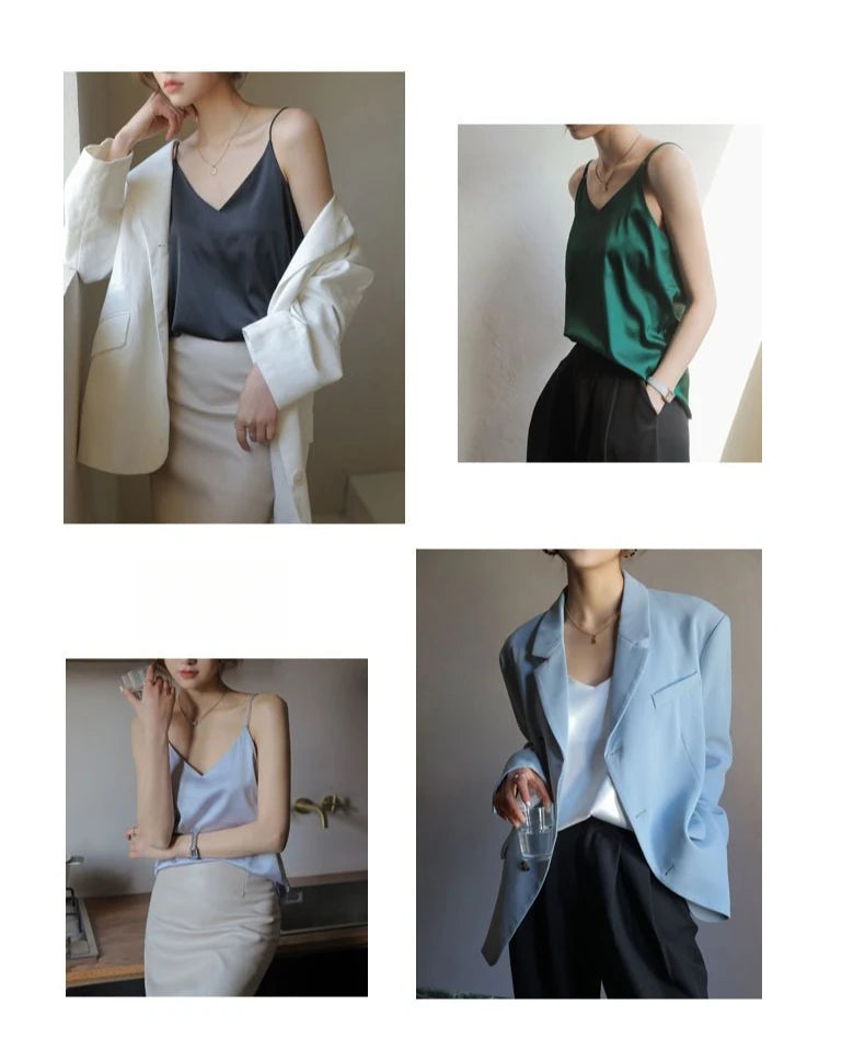 Spaghetti Strap Top Women Halter V Neck Basic White Cami Sleeveless Satin Silk 2025 Tank Tops Women'S Summer Camisole