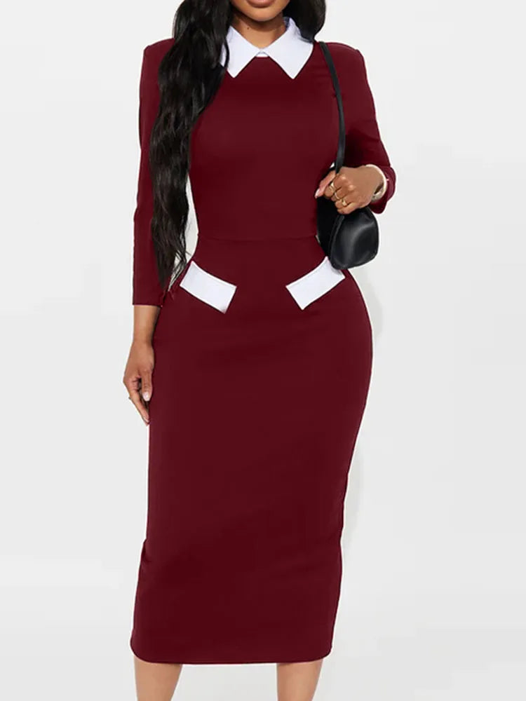 Elegant Fashion Women's Pencil Dress Polo Collar Design Professional Long Sleeved Solid Color Office Lady Dress