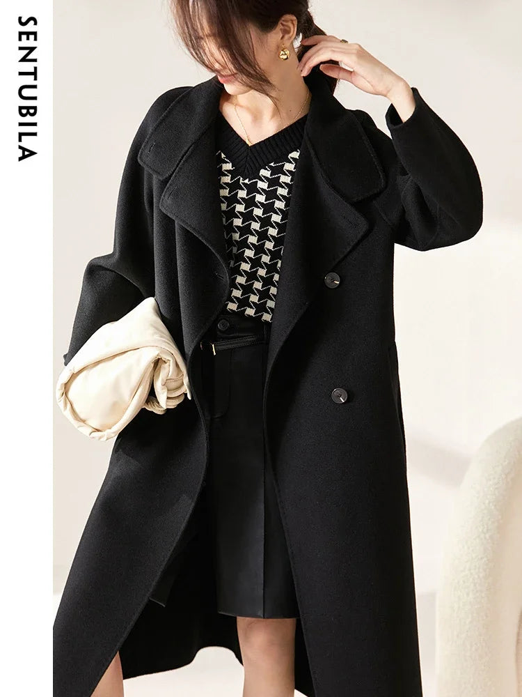 SENTUBILA Women's Long Woolen Overcoats 2025 Winter Outerwear Elegant Turtleneck Warm Double Breasted Belt Wrap Coat W24O42064