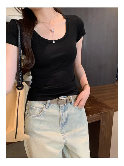Femme 2025 Summer Casual Cotton T Shirt For Women Short Sleeve Tshirts Fashion Womens Clothing Slim Basic O Neck Y2K Tee Shirt