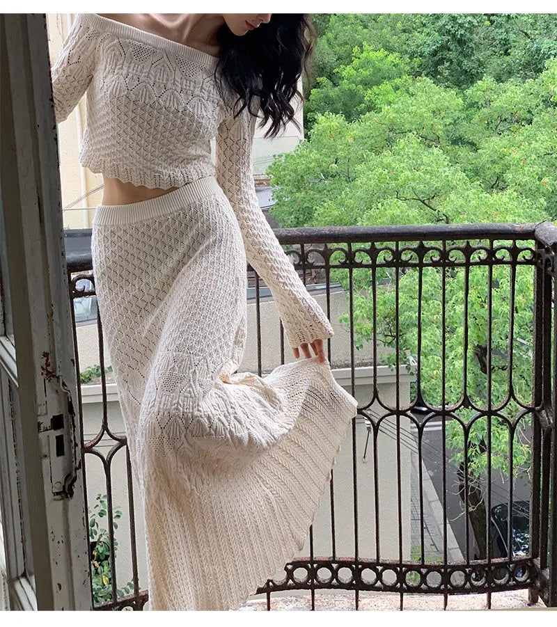 Women's Knitted Sweater Skirt Two-Piece Suit New Sexy Hollow Off-Neck Long Sleeve Sweater Skirt Suit