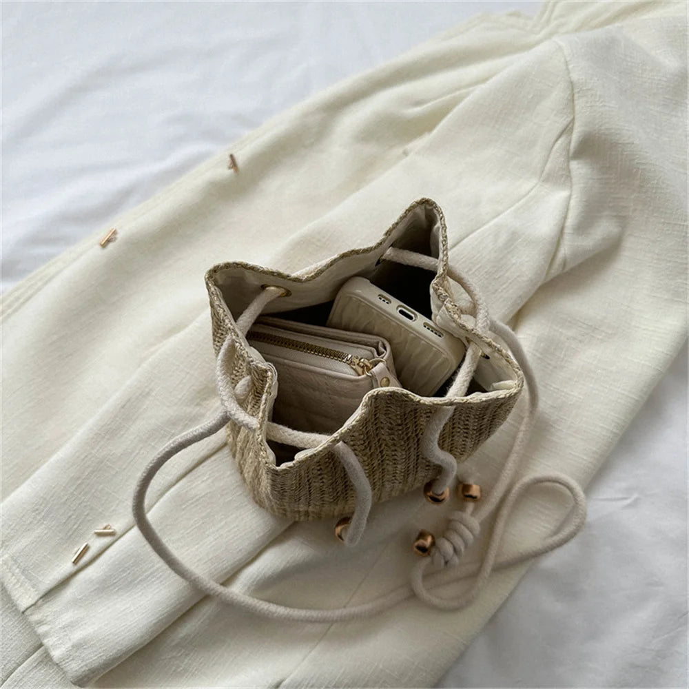 Fashion Womens Soft Woven Cross Body Bag Drawstring Straw Shoulder Bags Ladies Summer Travel Leisure Beach Handbag 2024 New