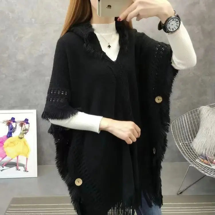 Hooded Crochet Cloak Poncho Shawl - Boho Chic Fringed Knit Wrap for Women, Spring-Autumn Versatile Outerwear