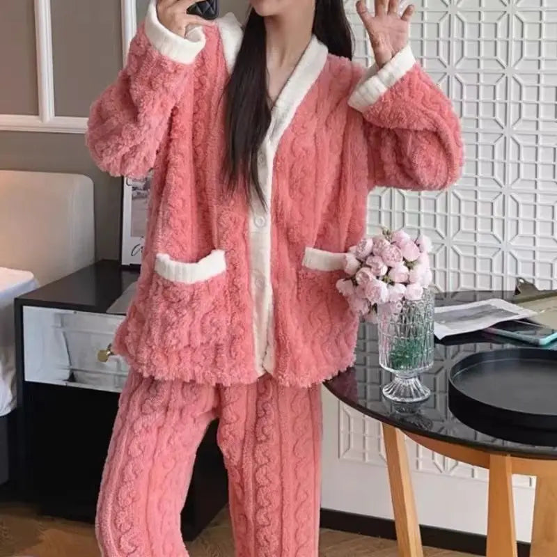 Women's Pajamas Set Winter Sleepwear O-neck Loose Long Sleeve Top Elastic Waist Leg Pant Sets Trousers Plus Size Matching Sets