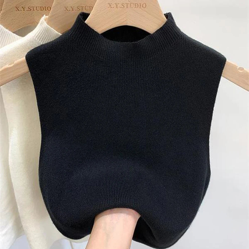 Women's Vest Tank Top Solid Color Knitted Tees Cropped Camisole Sweater Half-turtleneck Spring Autumn Sleeveless топ женский