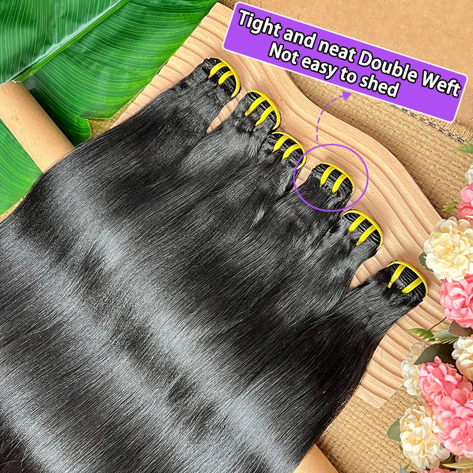 Double Drawn Yaki Straight Human Hair Bundles #1B Natural Black Color Vietnamese 100% Raw Virgin Hair Weave Extensions 1 2 3 4pc