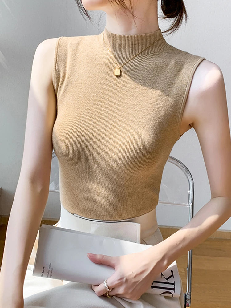 Sexy Summer Turtleneck Tank Tops Women Ribbed Sleeveless Solid Slim Top Female Sleveless Camisole Vest Casual Knitted Camis 2025