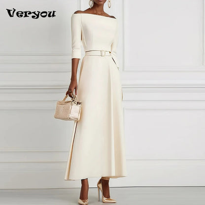 Elegant Party Dresses For Women One Shoulder Half Sleeve High Waisted A-Line Long Dress Women Offfice Dress White