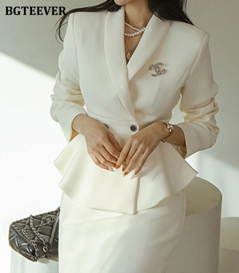 BGTEEVER Elegant Ladies Skirt Suits Double Breasted Slim Waist Blazer & High Waist Package Hip Skirts Women 2 Pieces Set