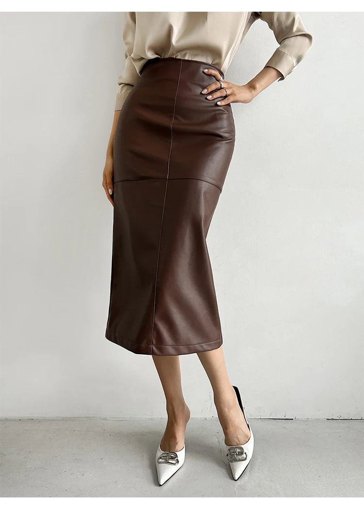 New Fashion Pu Leather Skirt Women Fashion Autumn High Waist Slim Split Wrapped Hip Pencil Skirts Elegant Office Lady Jupe