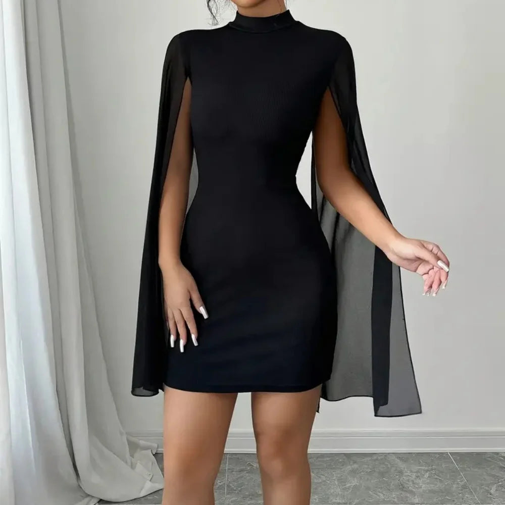 Elegant Black Party Dresses for Women Round Neck Ribbed Cape Bodycon Dress Stylish and Sexy Hip Wrap Short Dress Ladies'Clothing