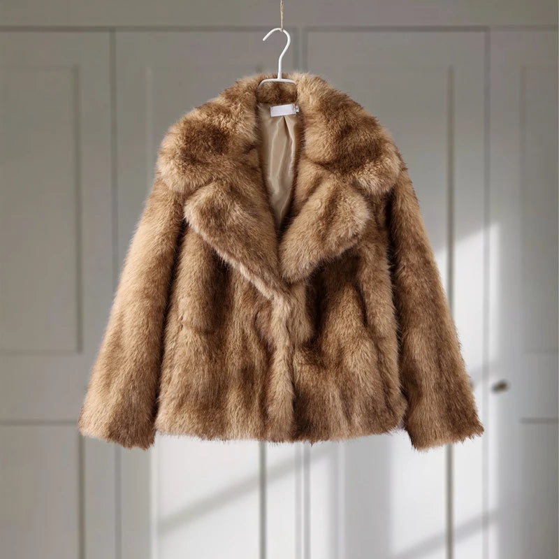 Street Faux Fur Women Coat Urban Full Sleeve Lapel Panelled Pocket Female Outwear 2025 Autumn Winter Elegant Lady Outwear