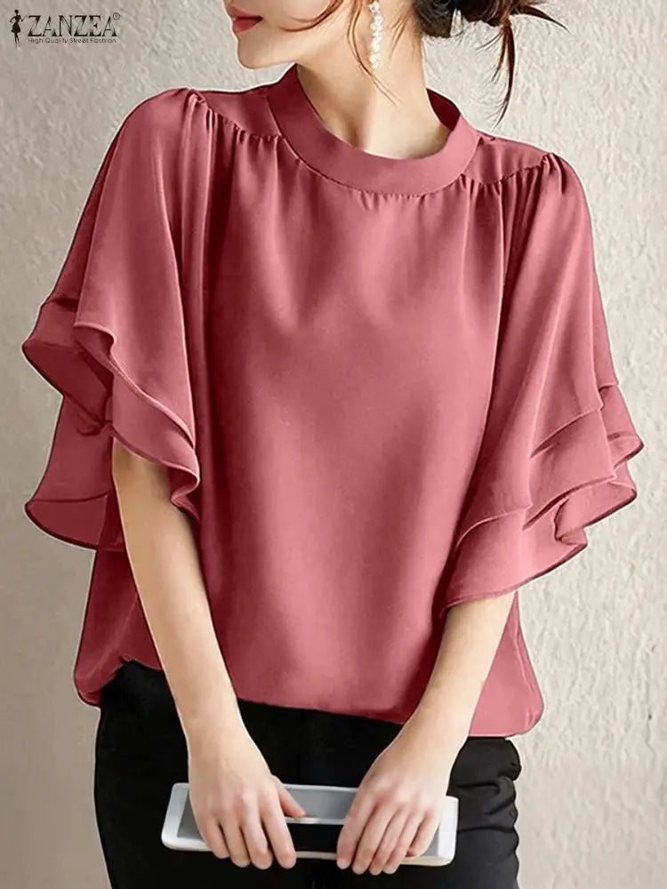 Women Blouse ZANZEA Elegant Office Lady Ruffled Shirts Half Sleeve Solid Casual Fashion Tops 2025 Summer OL Blusas Femininas