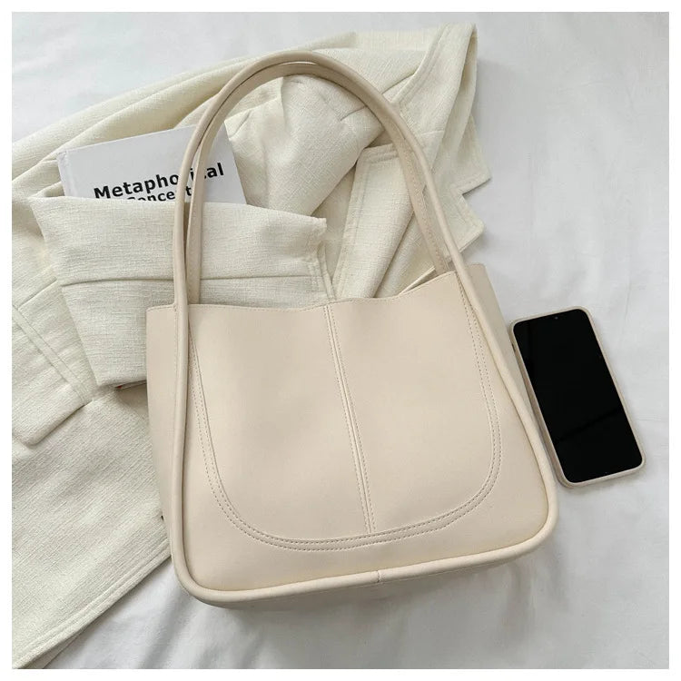 Women's Retro Tote - High-Quality Solid Color, Minimalist Large-Capacity Commuter Handheld/Single-Shoulder