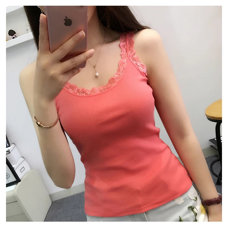 Women Tops Summer Sleeveless Women Tank Top With Lace Top Red Inside Wear Lace Camisoles Loose Underwear Womens Clothing Vest