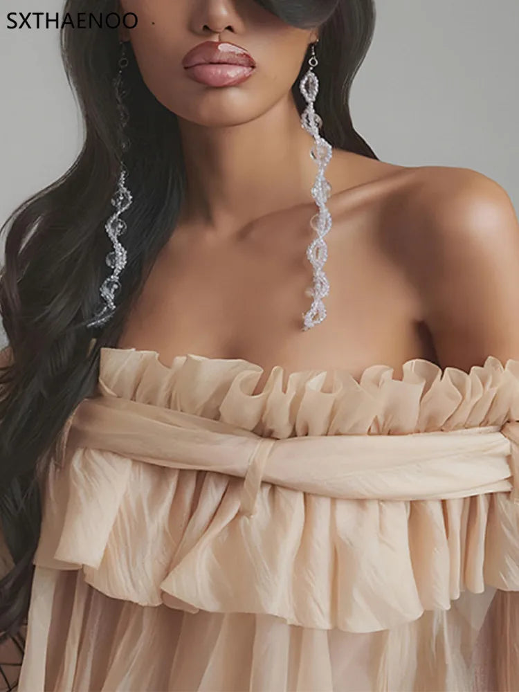 SXTHAENOOLoose Elegant Solid Blouses For Women Slash Neck Off The Shoulder Sleeve Spliced Folds Temperament Blouse FemaleFashion