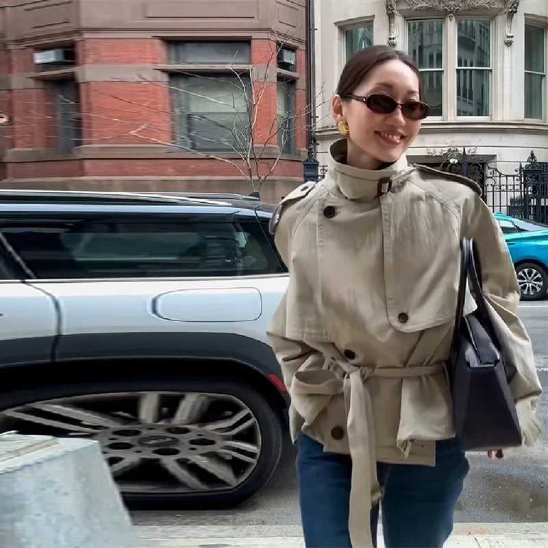 Retro Casual Double Breasted Short Trench Coat For Women Solid Stand Collar Lace Up Versatile Coat 2025 Autumn Lady Outerwears