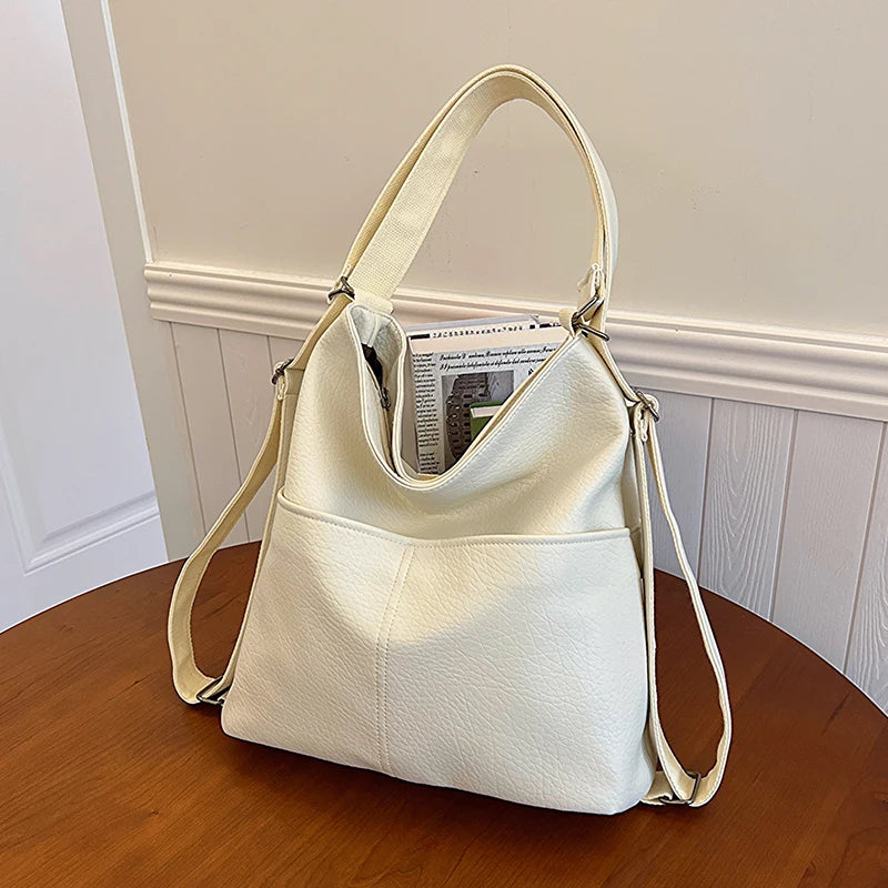 Versatile Student PU Backpack Women New Large Capacity Commute Travel Shoulder Crossbody Bags Fashion All-matched Tote Bag