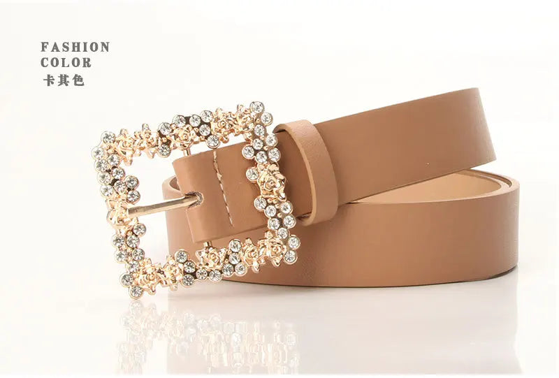 Fashionable Belts for Woman Shiny Rhinestone Beautiful Square Wreath Metal Buckle Solid Color PU Belts