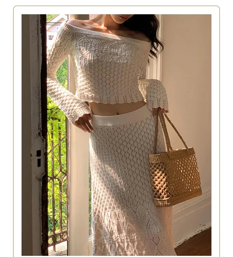 Women's Knitted Sweater Skirt Two-Piece Suit New Sexy Hollow Off-Neck Long Sleeve Sweater Skirt Suit