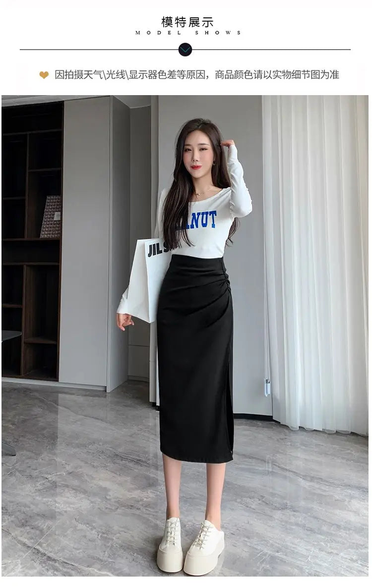 Slit Pleated Skirt for Women 2025 Summer New High-waist Slim Mid-length Versatile A-line Skirt