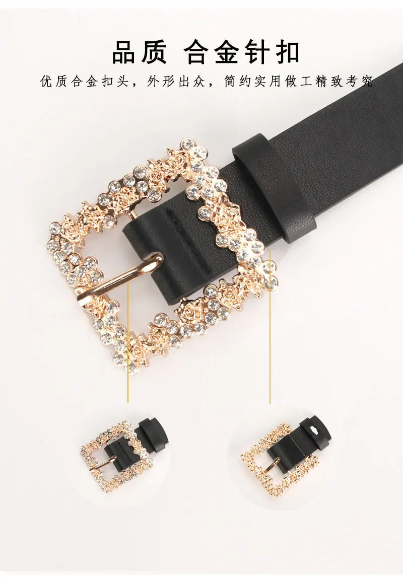 Fashionable Belts for Woman Shiny Rhinestone Beautiful Square Wreath Metal Buckle Solid Color PU Belts